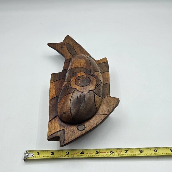 Vintage Fish Shaped Serving Tray Bowl Exotic Trinket Dish w Lid Hand Carved 13in
